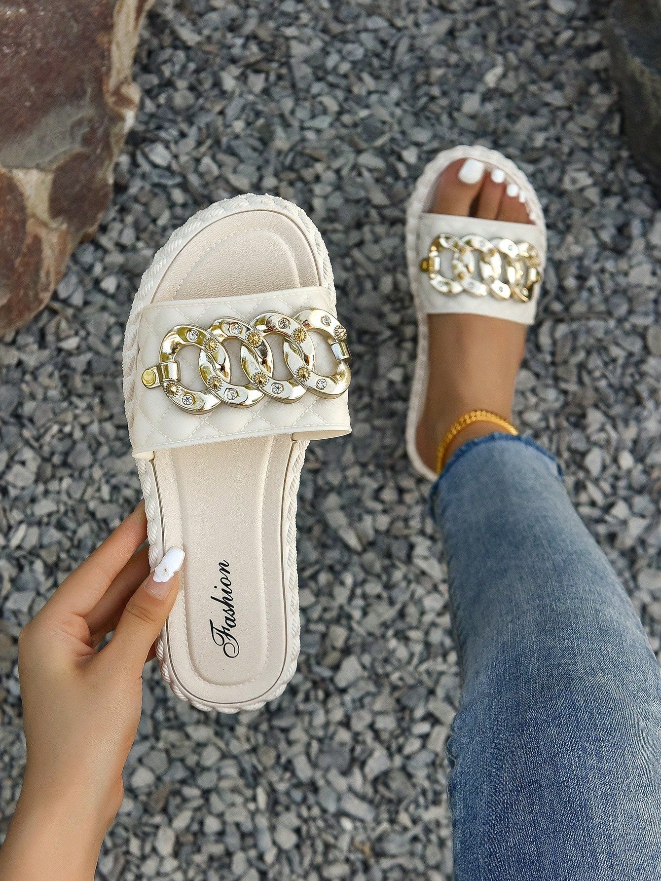 Women Chain Decor Single Band Slides, Fashion Summer Slides