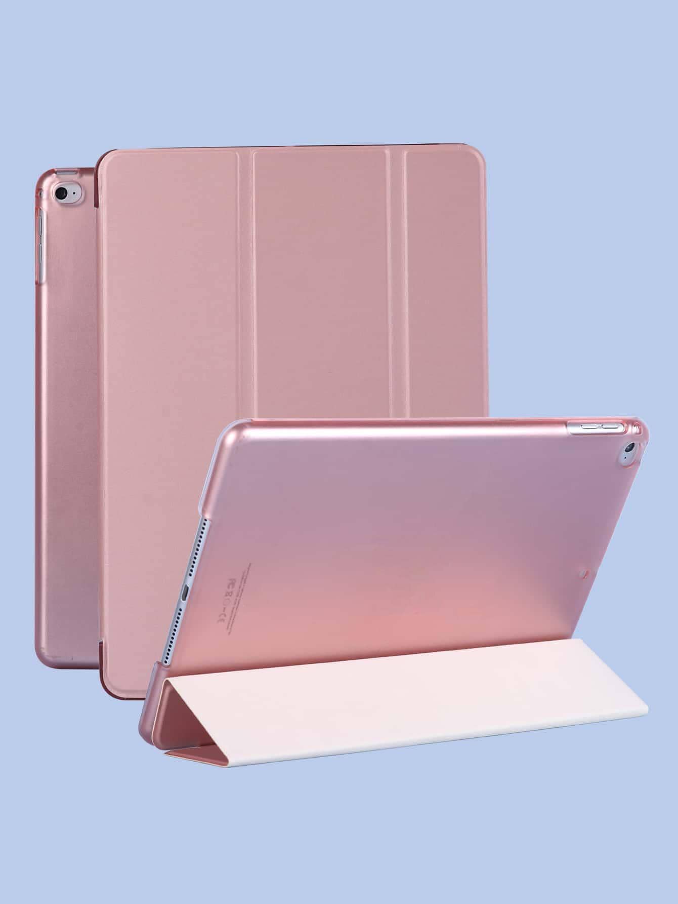 1 Tablet Case + 2 Tempered Glass Screen Protectors, HD Tempered Glass, Pink Plain Folding Case, Adjustable Tri-Fold Stand, PU Leather Cover + PC Back Shell, Sleep/Wake Function And Power Saving, Simple/Hiqh-Quality/Casual/Classic/Best-Selling, IPad Tri-Fo