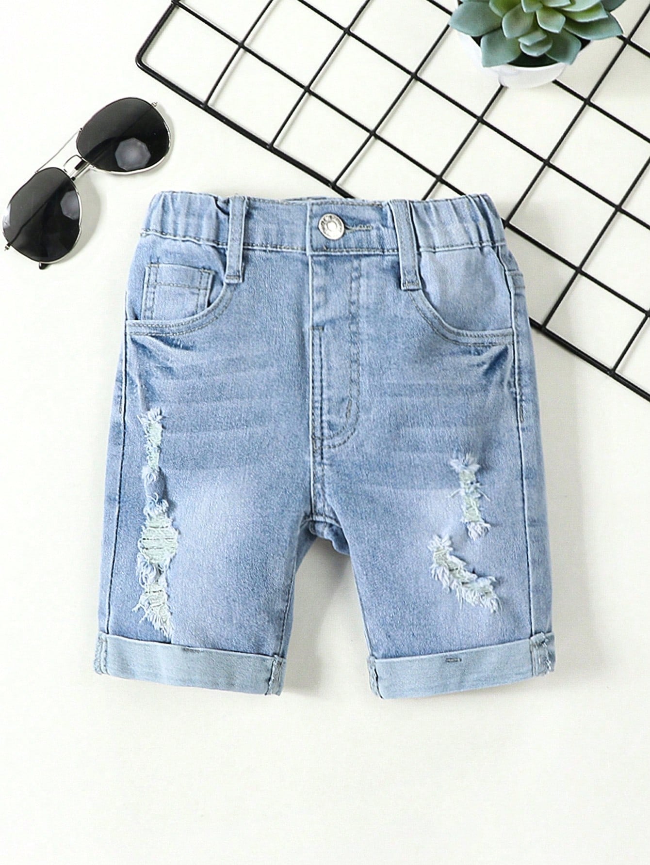 Young Boy Vintage Daily Boho Street Casual Casual Destroy Roll Ip Hem Elastic Waist Denim Shorts