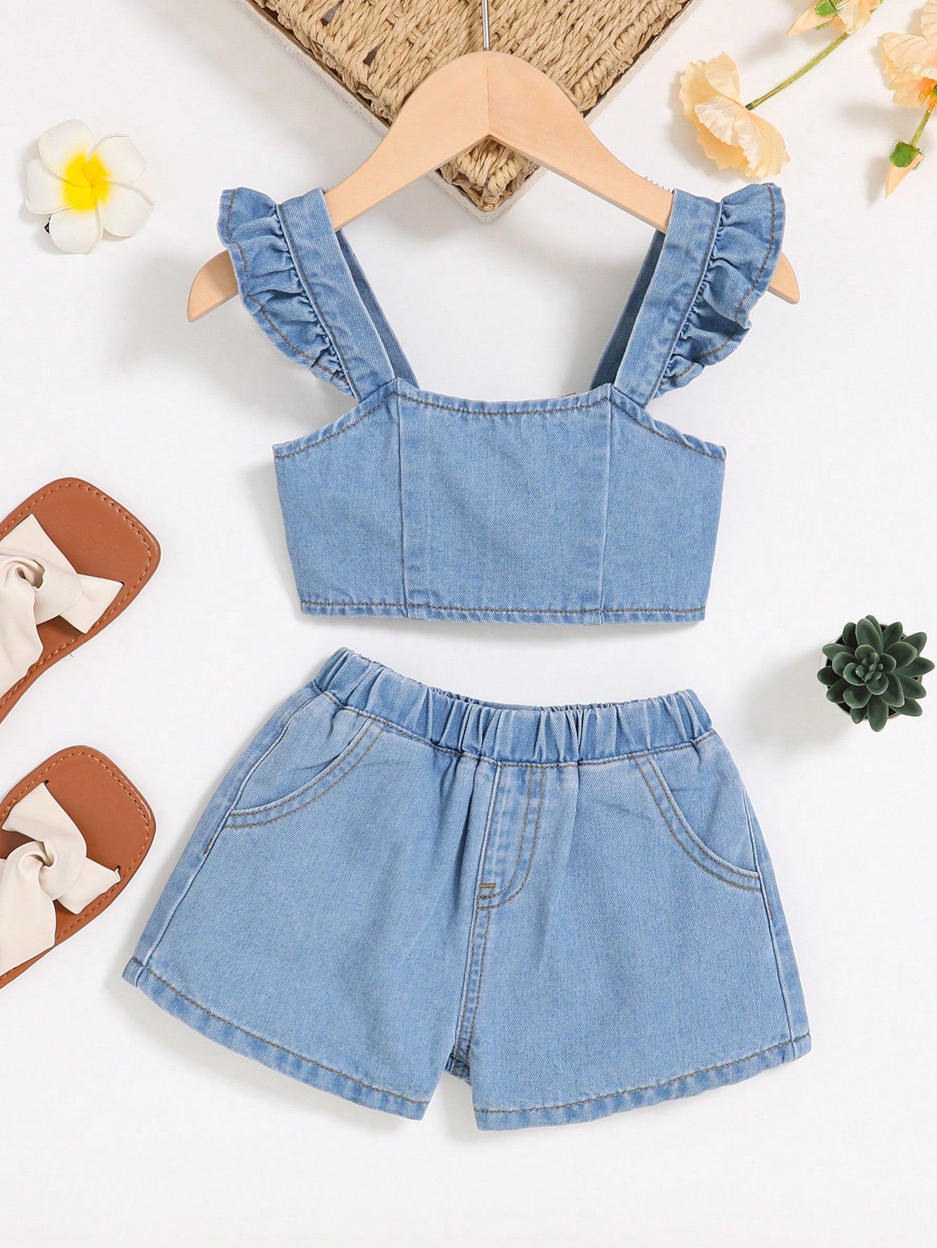 Young Girl Ruffle Trim Denim Top & Denim Shorts