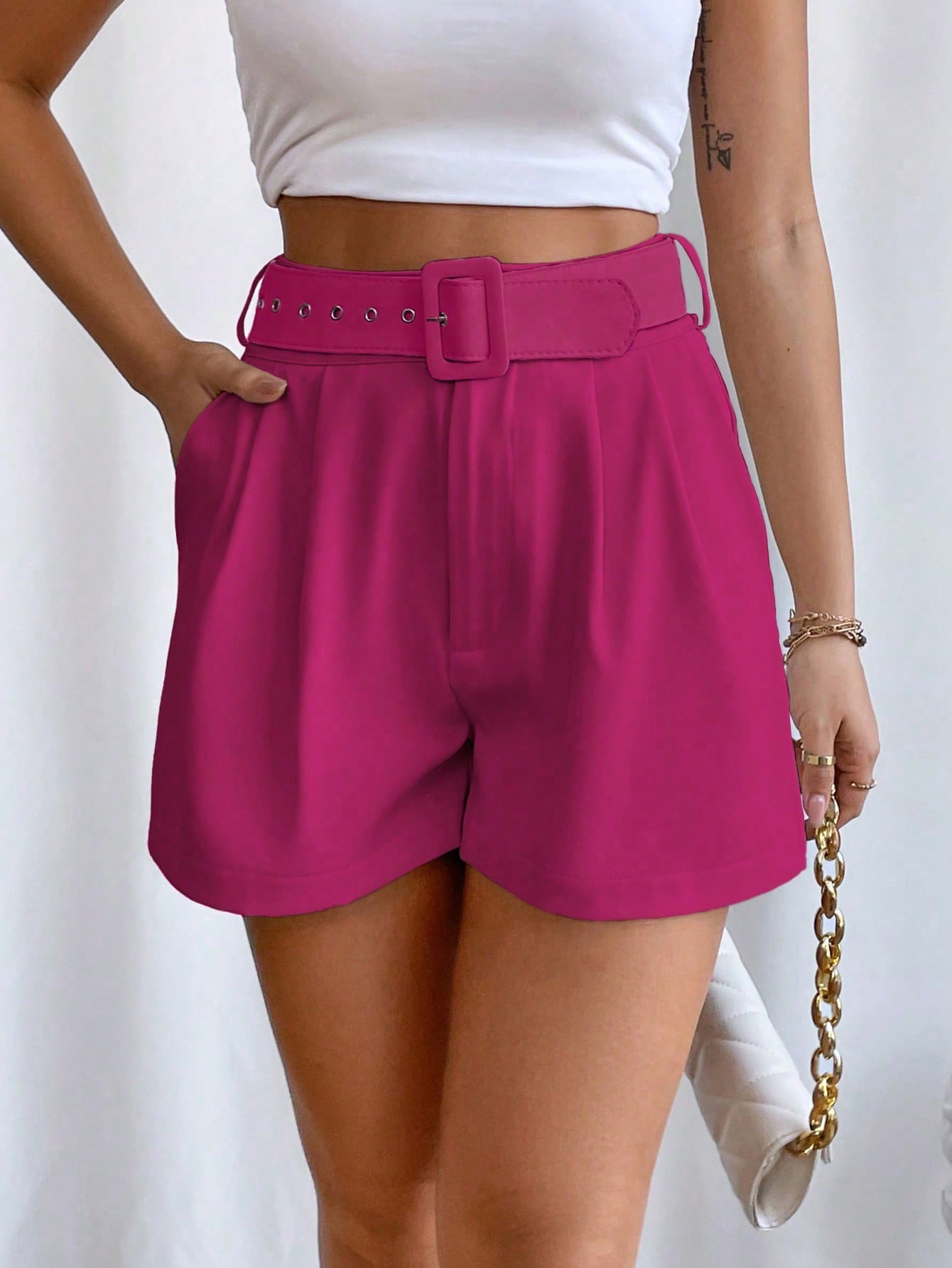 High-Waisted Shorts With Diagonal Pockets For Valentine'S Day, Dating , Parties And Summer Holiday