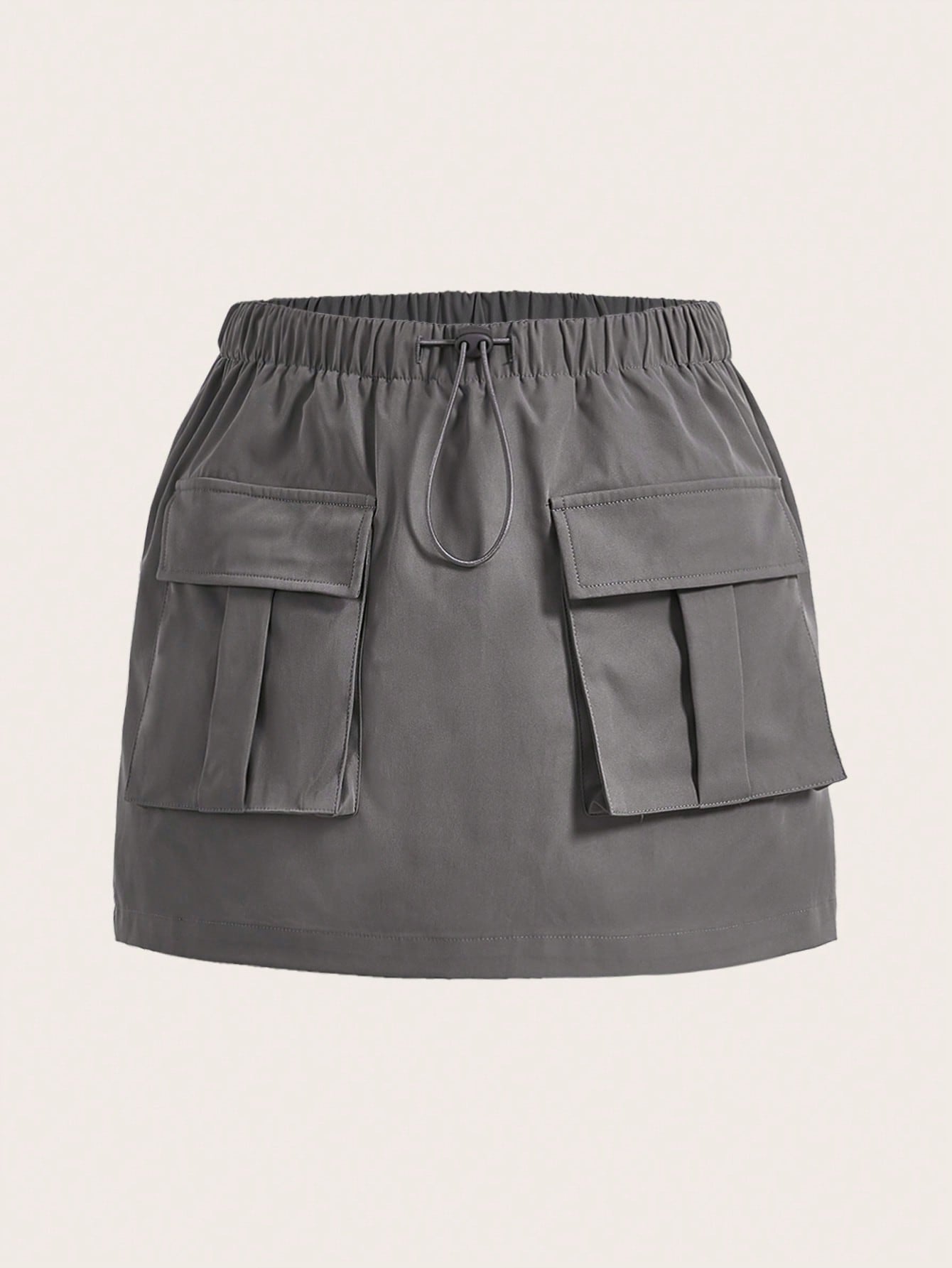 Solid Color Flap Pocket Drawstring Waist Cargo Skirt