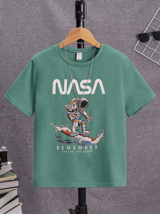 Tween Boy's Astronaut And Letter Printed Short Sleeve Casual T-Shirt, Summer