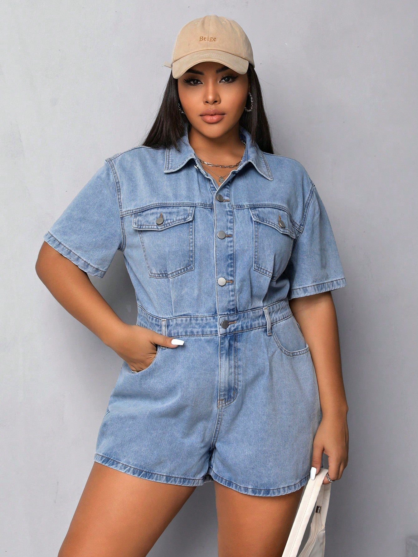 Plus Flap Pocket Denim Romper