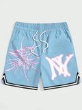 Men Letter Graphic Contrast Trim Drawstring Waist Shorts, School
