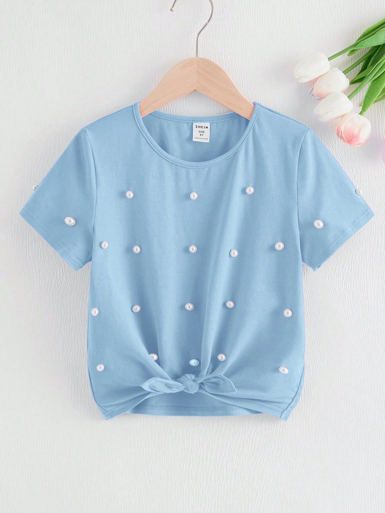 Tween Girls' Casual And Sweet Round Neck Pearl Embellished Twisted Short Sleeve T-Shirt