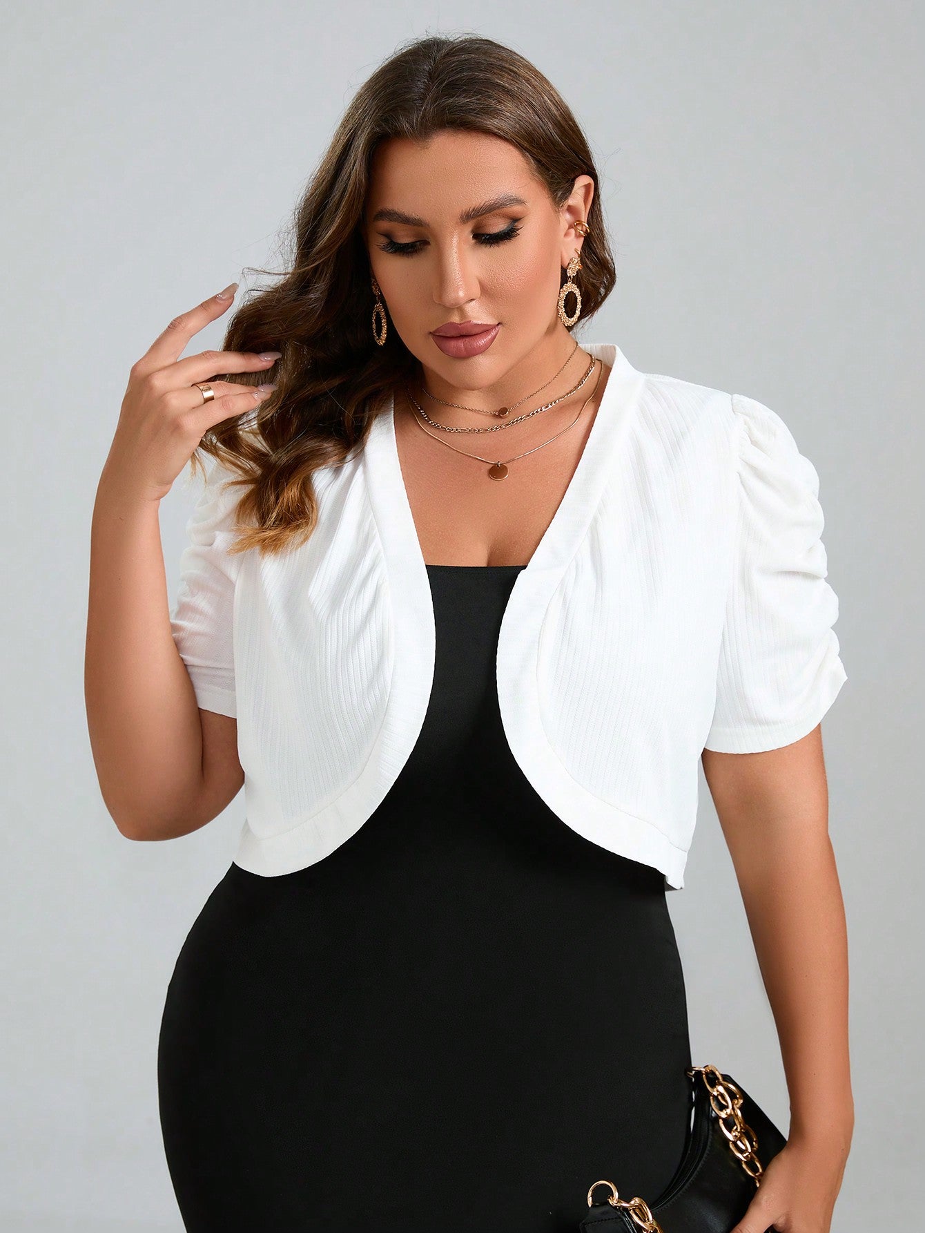 Plus Puff Sleeve Open Front Crop Jacket