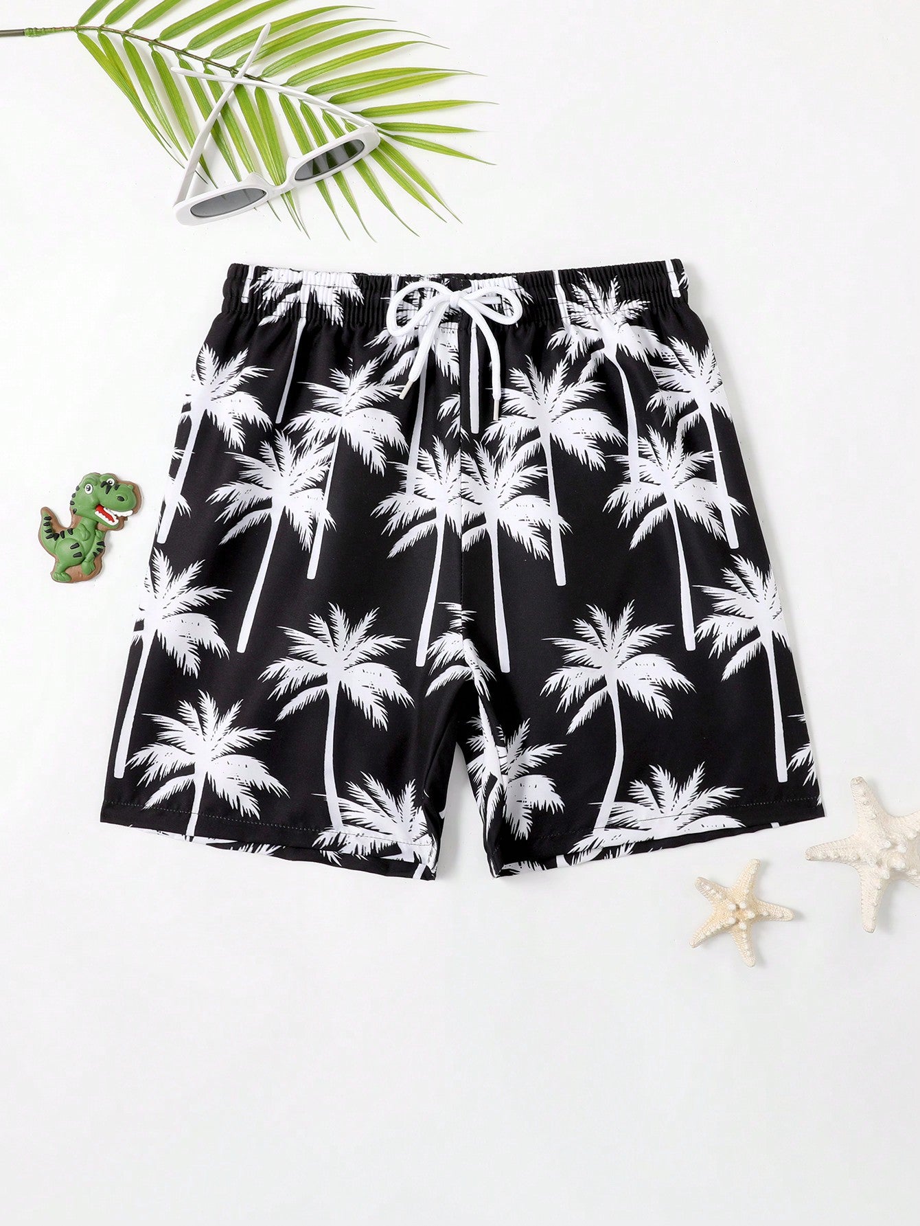 Tween Boy Coconut Tree Print Drawstring Waist Swim Trunks