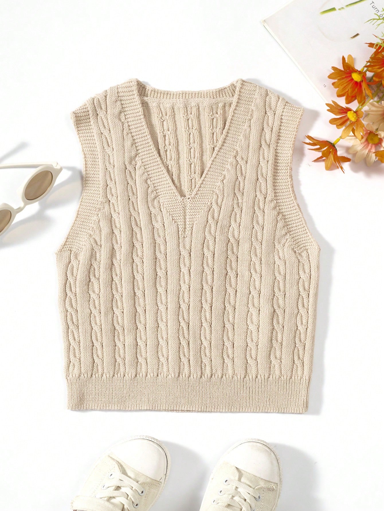 Tween Girl Cable Knit V Neck Sweater Vest