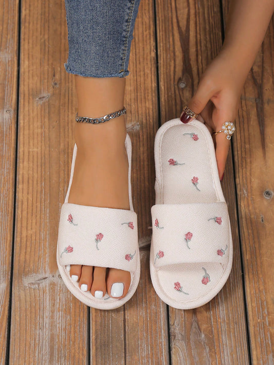 Flower Embroidery Home Slippers,Universal seasons ladies' flat embroidered rose flower fashionable home slippers, cloth slippers, indoor slippers, muted, comfortable and casual slippers