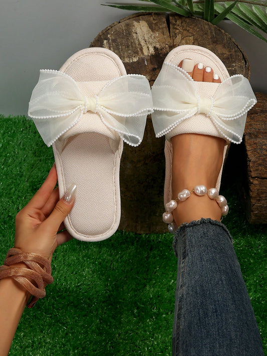 Bowknot Decorated Beige Home Slippers, Ladies' Beige Home Slippers