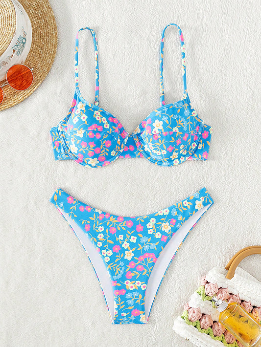 Swim Mod Summer Beach Floral Print Underwire Bikini Set