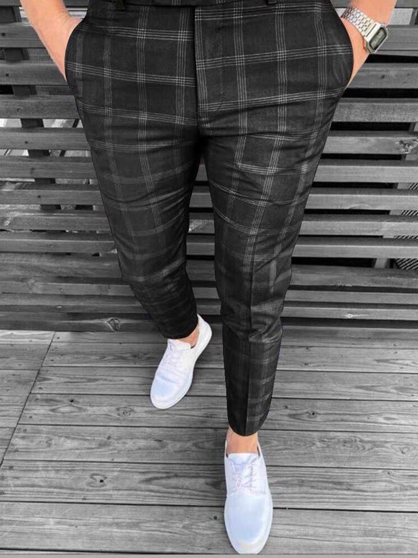 Men Plaid Straight-Legged Daily Casual Commute Suit Pants With Pockets