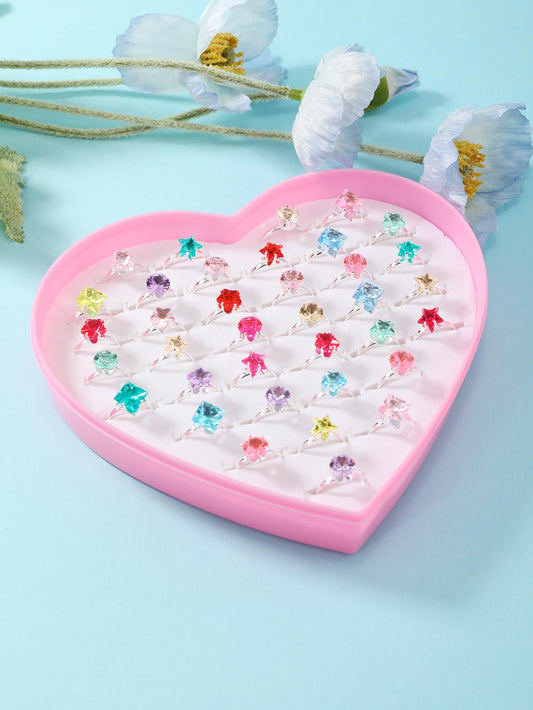 36pcs Girls' Random Star & Flower Shaped Cute Ring