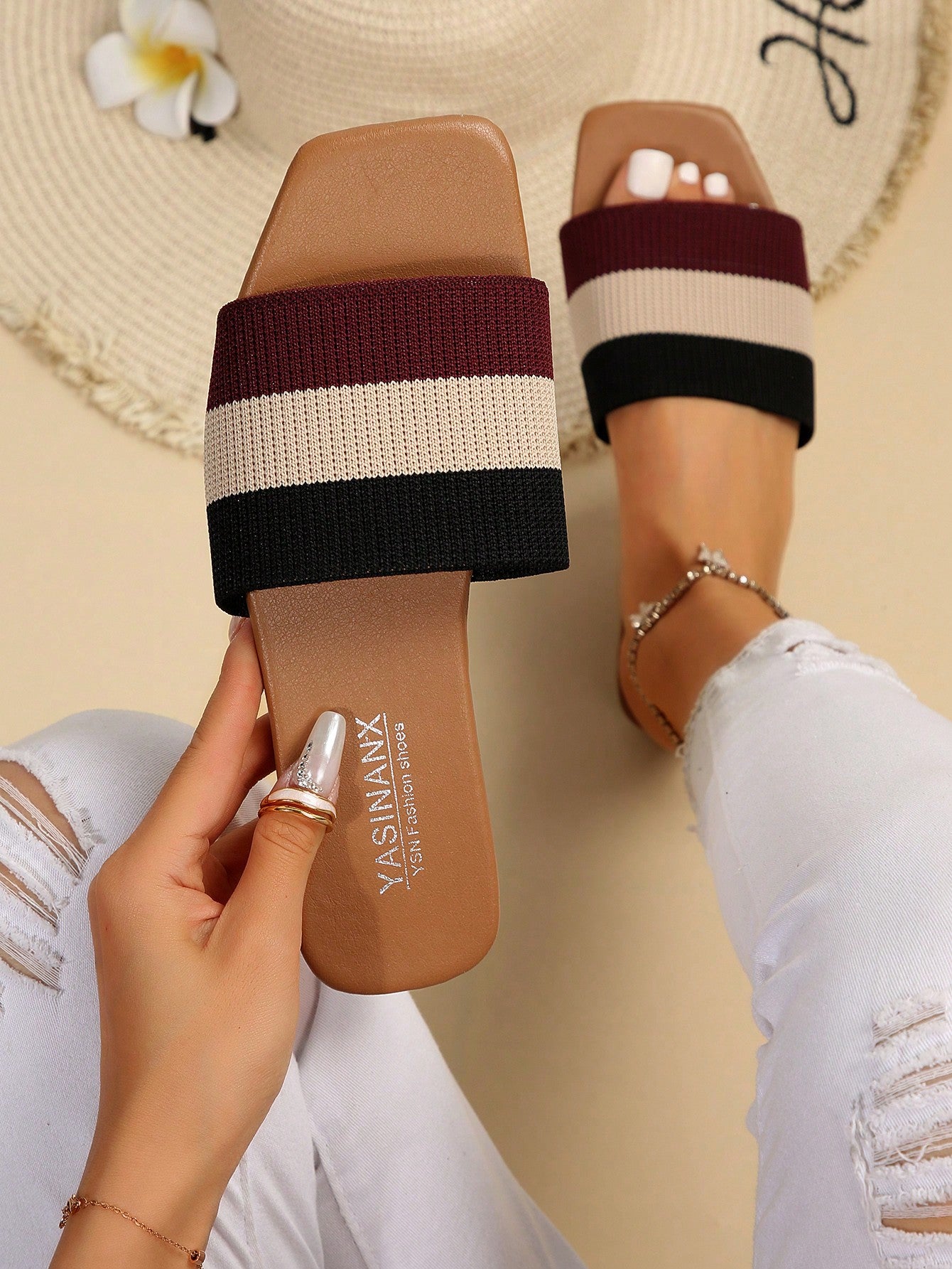 Women's Square Toe Knit Non-Slip Slippers With Breathable Flat Open Toe Slouchy Summer Shoes, Plus Size