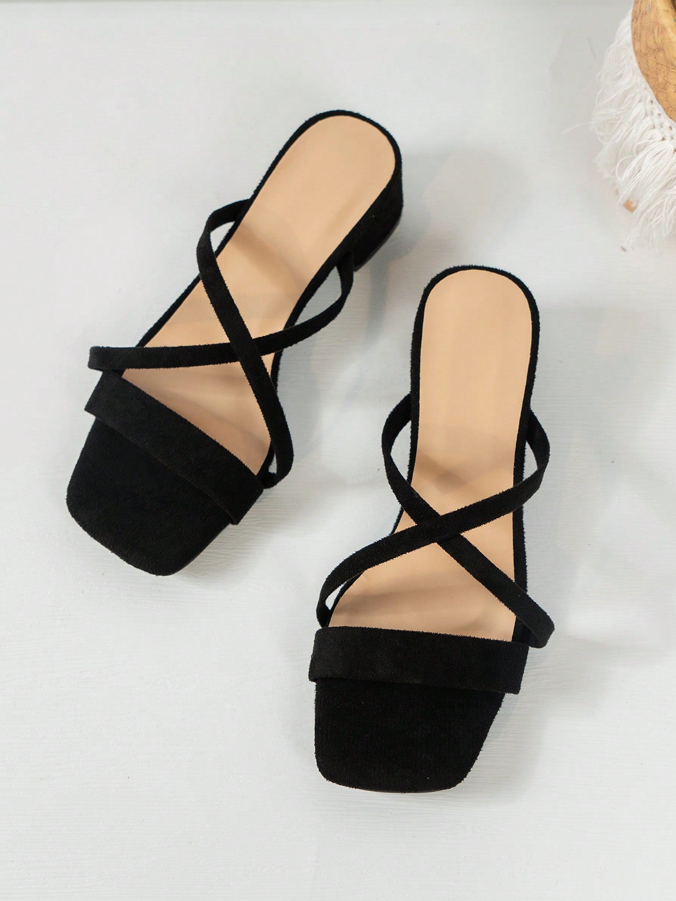 Elegant Black Suede-Like Sandals For Women, Multi-Strap, Chunky Heel, Ankle Strap With Metal Buckle