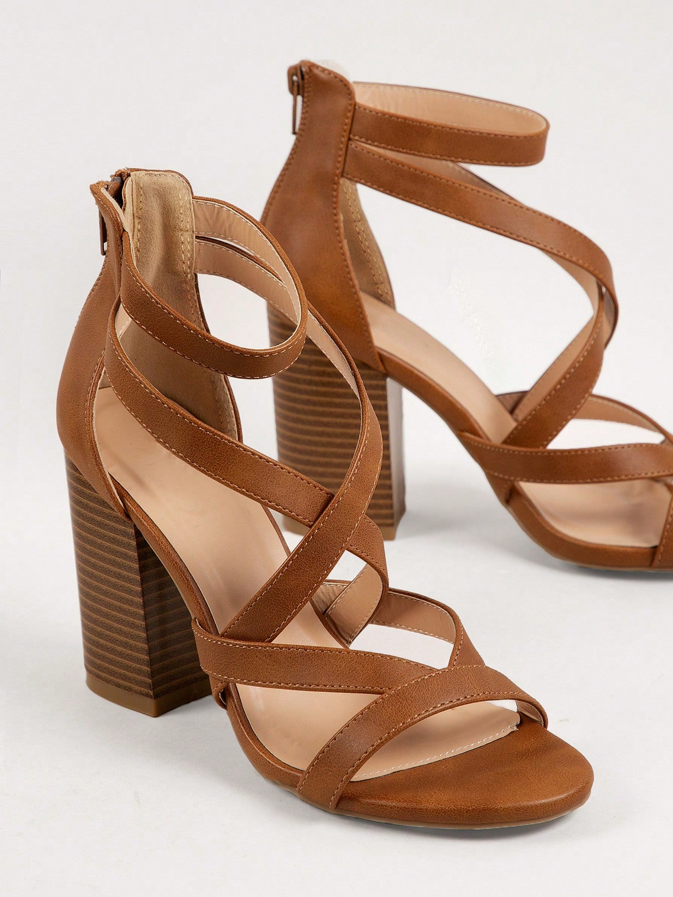 Criss Cross Strappy Open Toe Chunky Heel TAN