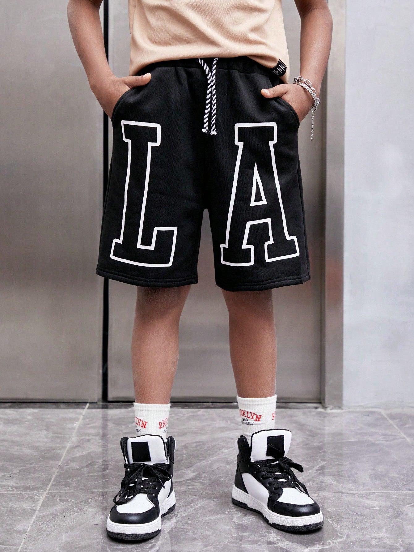 Tween Boy Athletic Street Style La Letter Print Wide Leg Shorts