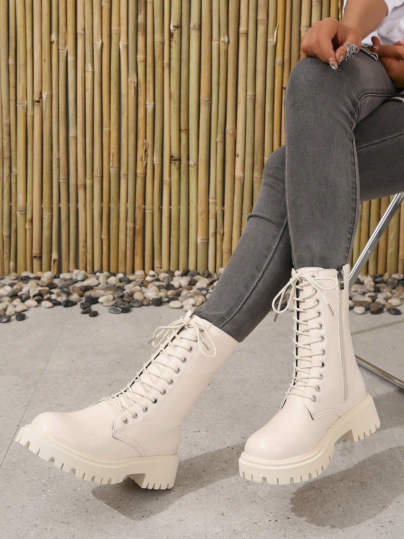 Women's Fashion Beige Lace-up Side Zipper Motorcycle Boots