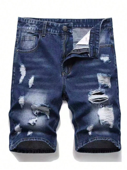 Men Cotton Ripped Frayed Bleach Wash Denim Shorts