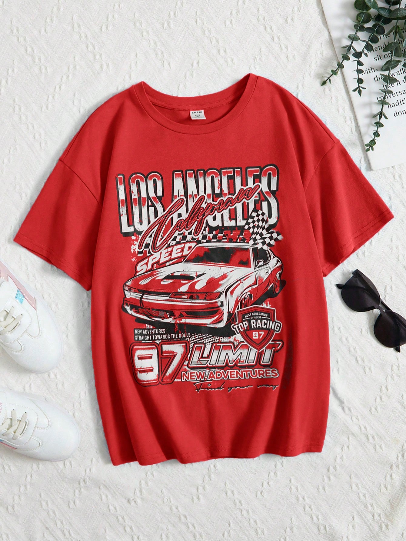 Tween Girl Loose Short Sleeve Car & Letter Print Drop Shoulder T-Shirt