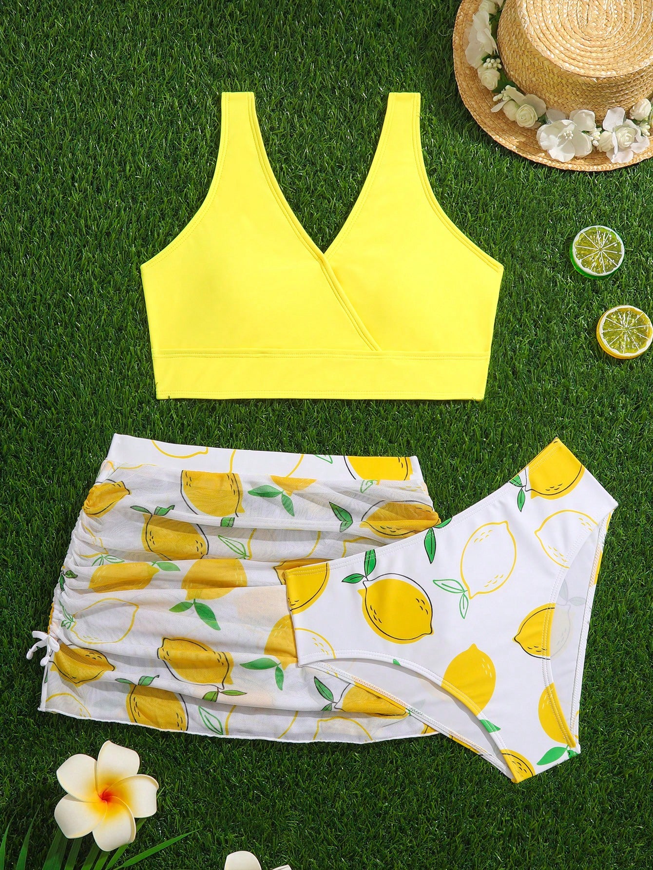 Teen Girl Lemon Print Bikini Set With Beach Skirt Summer Beach