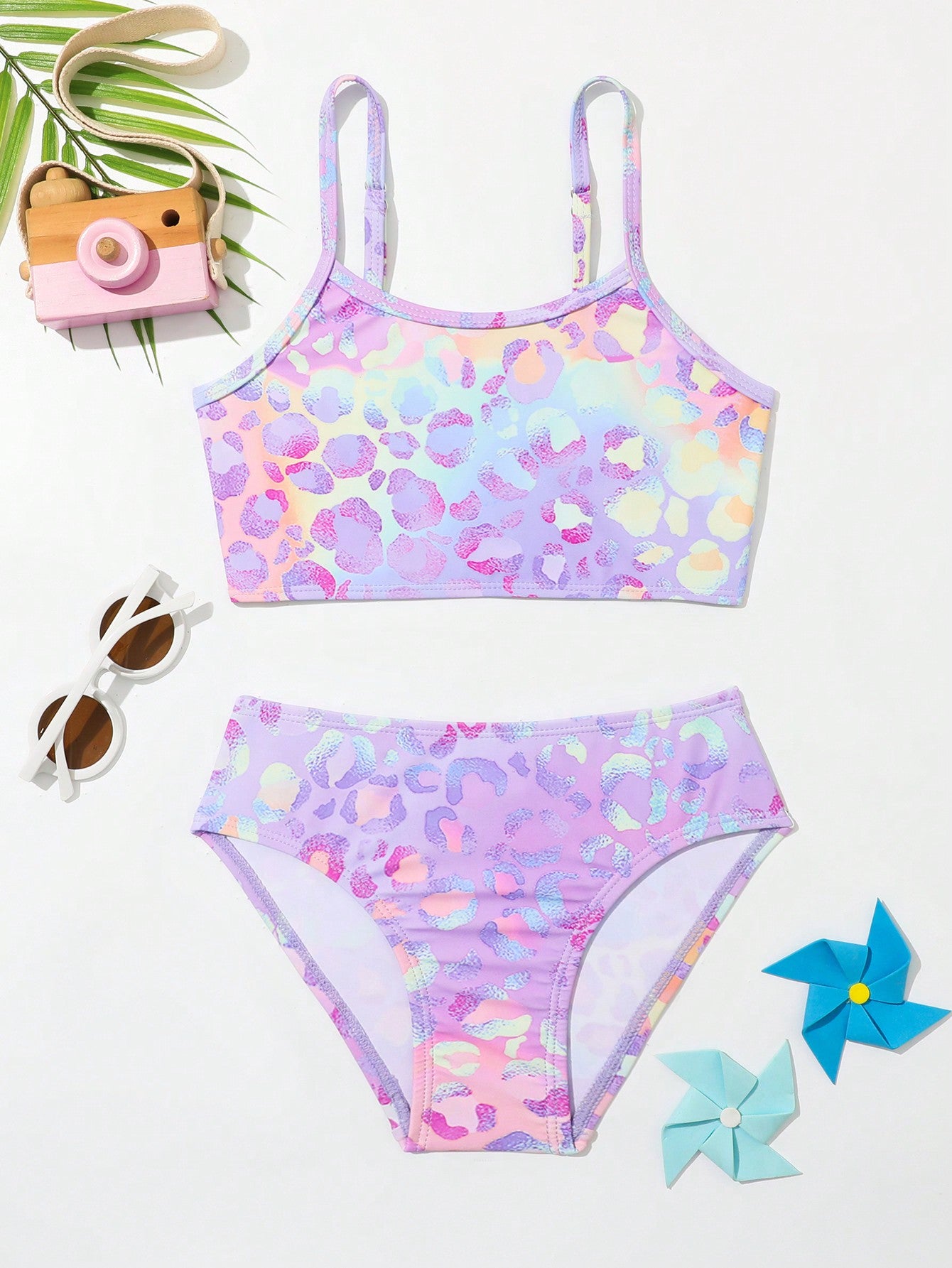 Summer Beach Young Girl Gradient Pink-Purple Multi-Colored Leopard Print Bikini Set