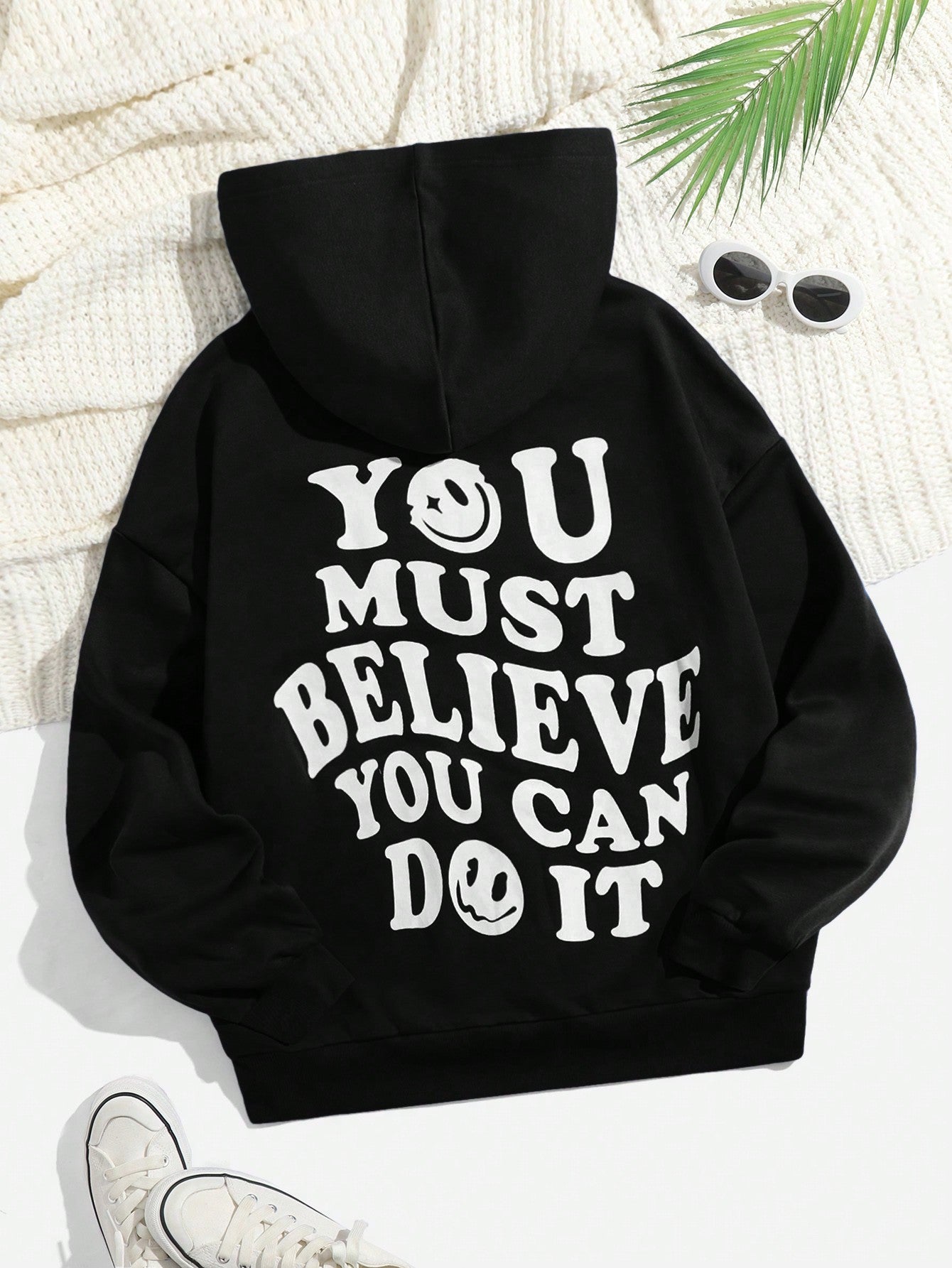 Summer Outfits Slogan Graphic Drop Shoulder Drawstring Thermal Hoodie YOU MUST BELIEVE YOU CAN DO IT