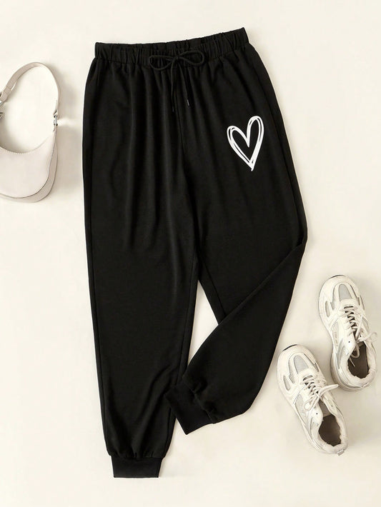 Plus Heart Print Drawstring Waist Sweatpants