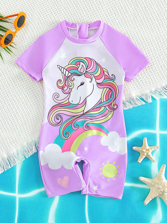 Young Girl Unicorn Print Contrast Raglan Sleeve One Piece Swimsuit