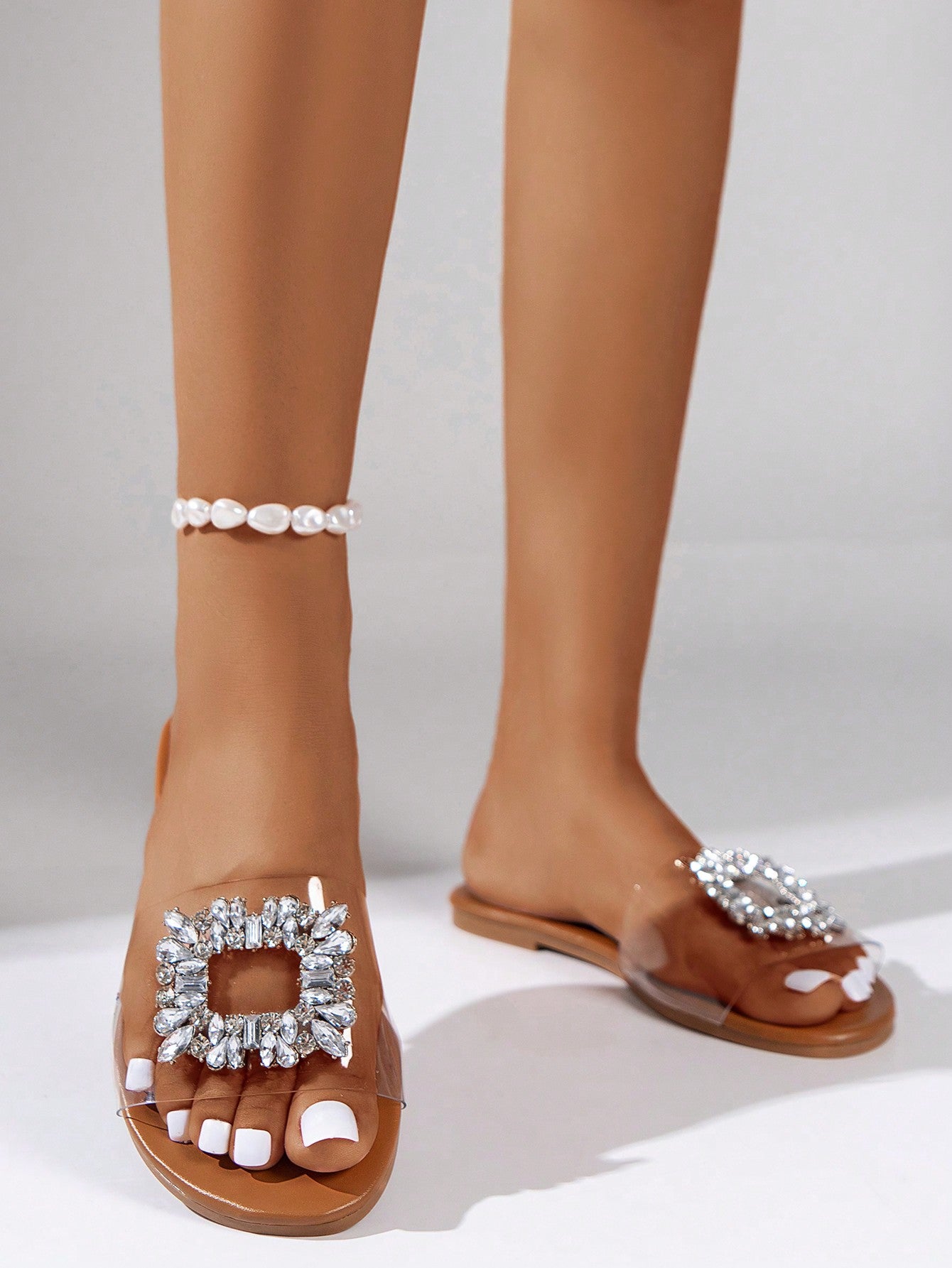 Beach Vacation Rhinestone Square Buckle Silver-Color Transparent Flat Women's Sandals