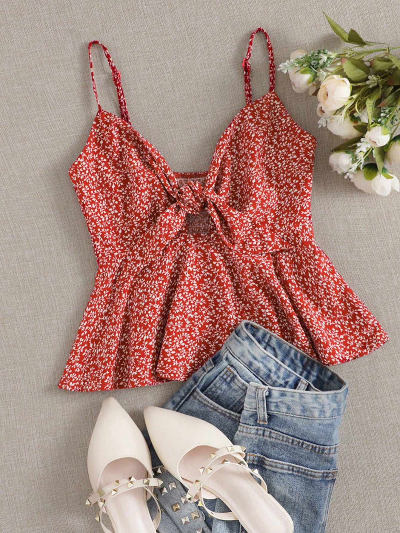 Vacation Ditsy Floral Self-Tie Cami Peplum Red Top