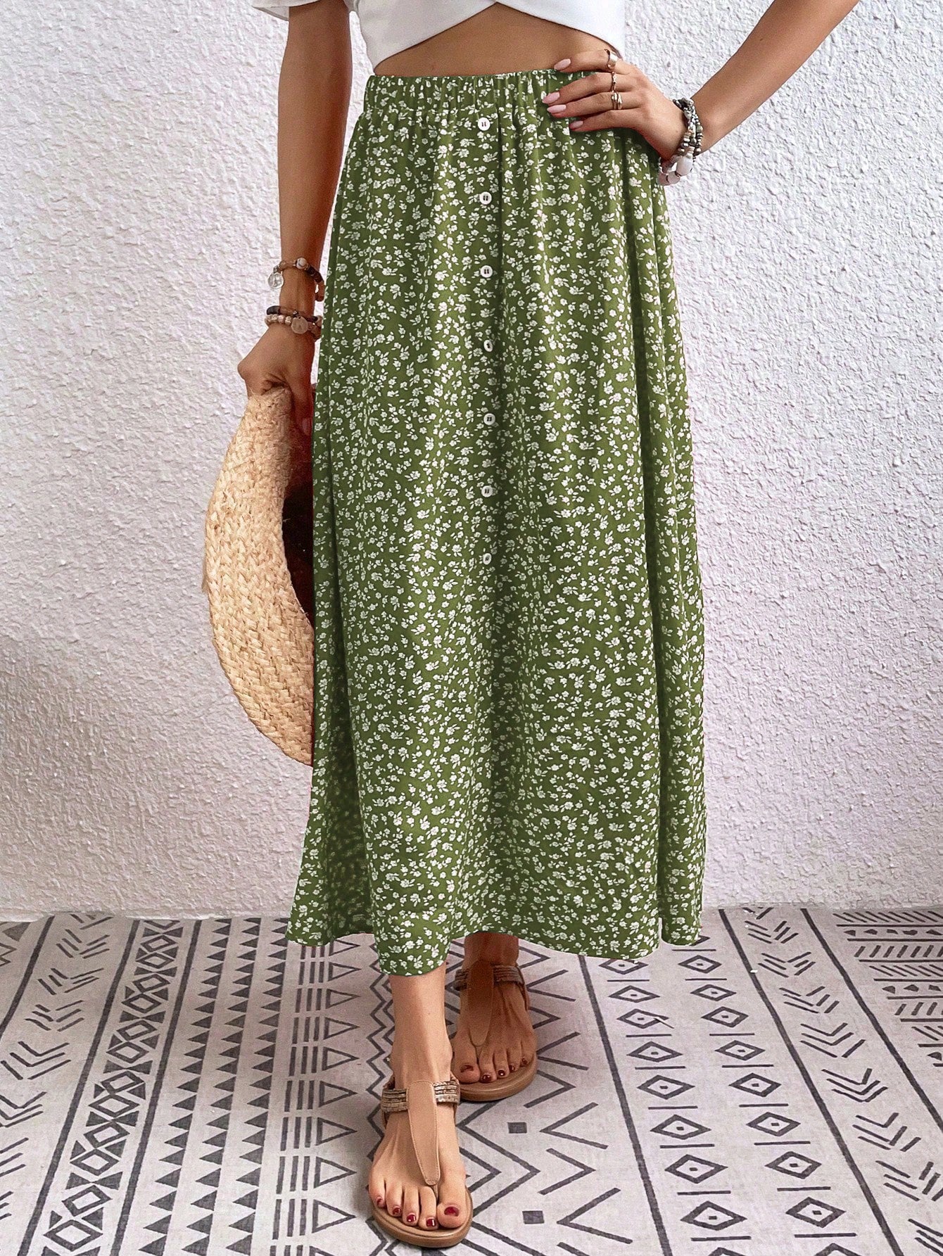 Summer Elastic Waist Casual Long Skirt With Ditsy Floral