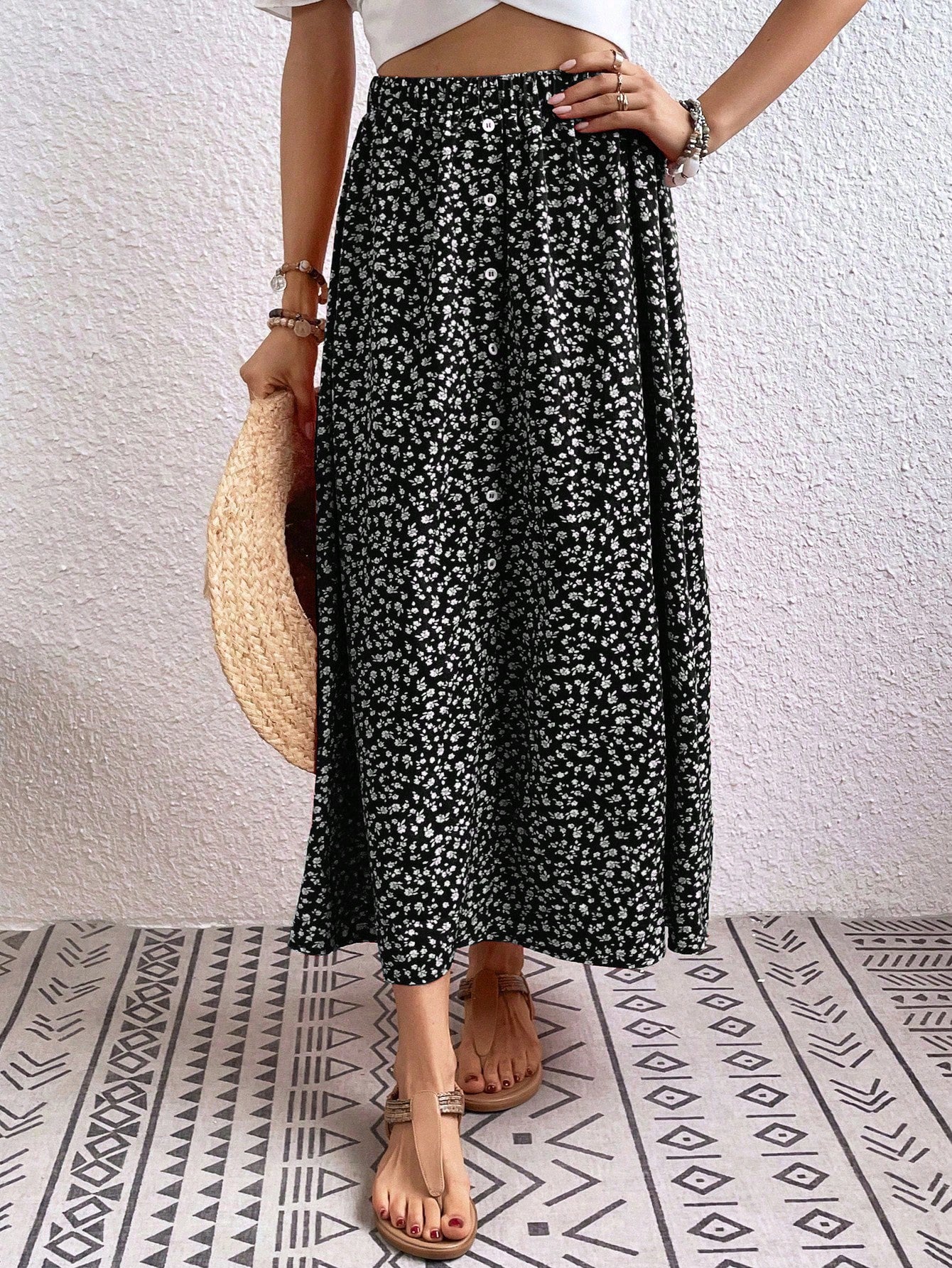 Summer Elastic Waist Casual Long Skirt With Ditsy Floral