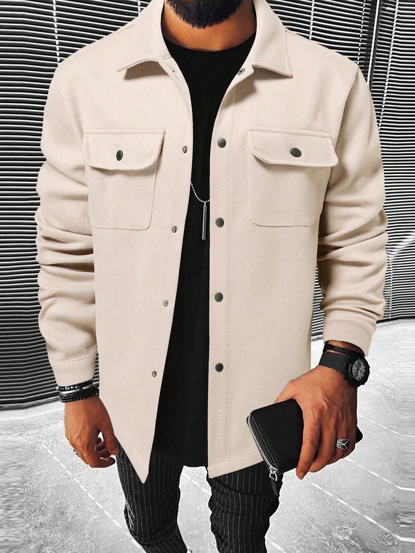 Men Button Front Flap Pocket Overcoat