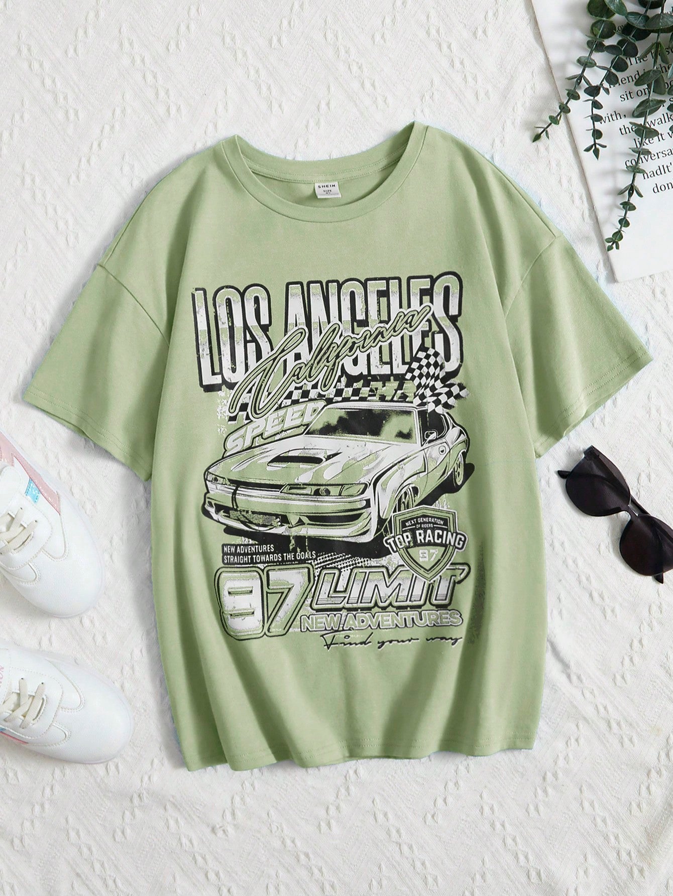 Tween Girl Knitted Casual Printed Short Sleeve Drop-Shoulder T-Shirt For Girl With Car And Letter Patterns