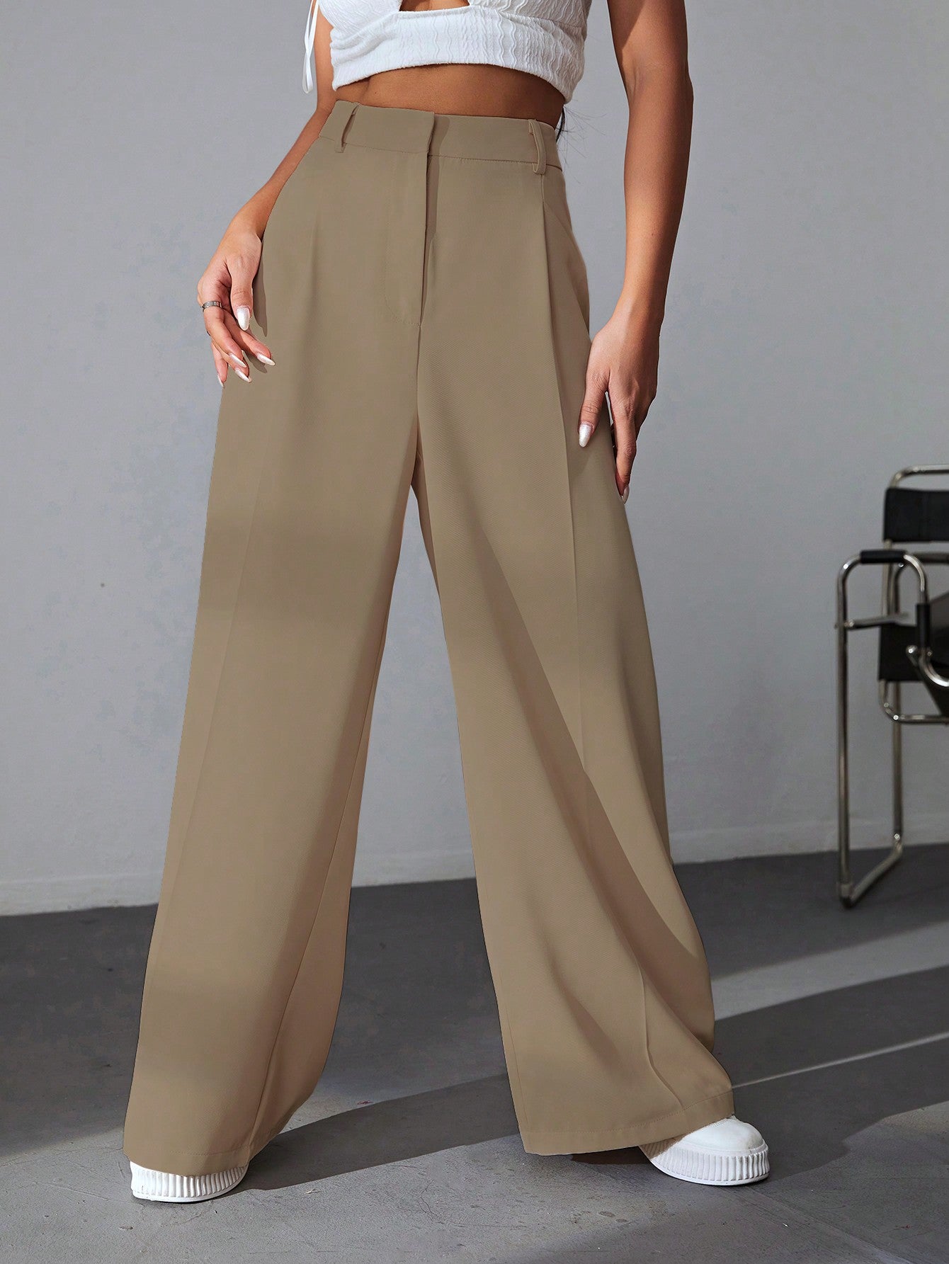 Solid Wide Leg Dress Pants