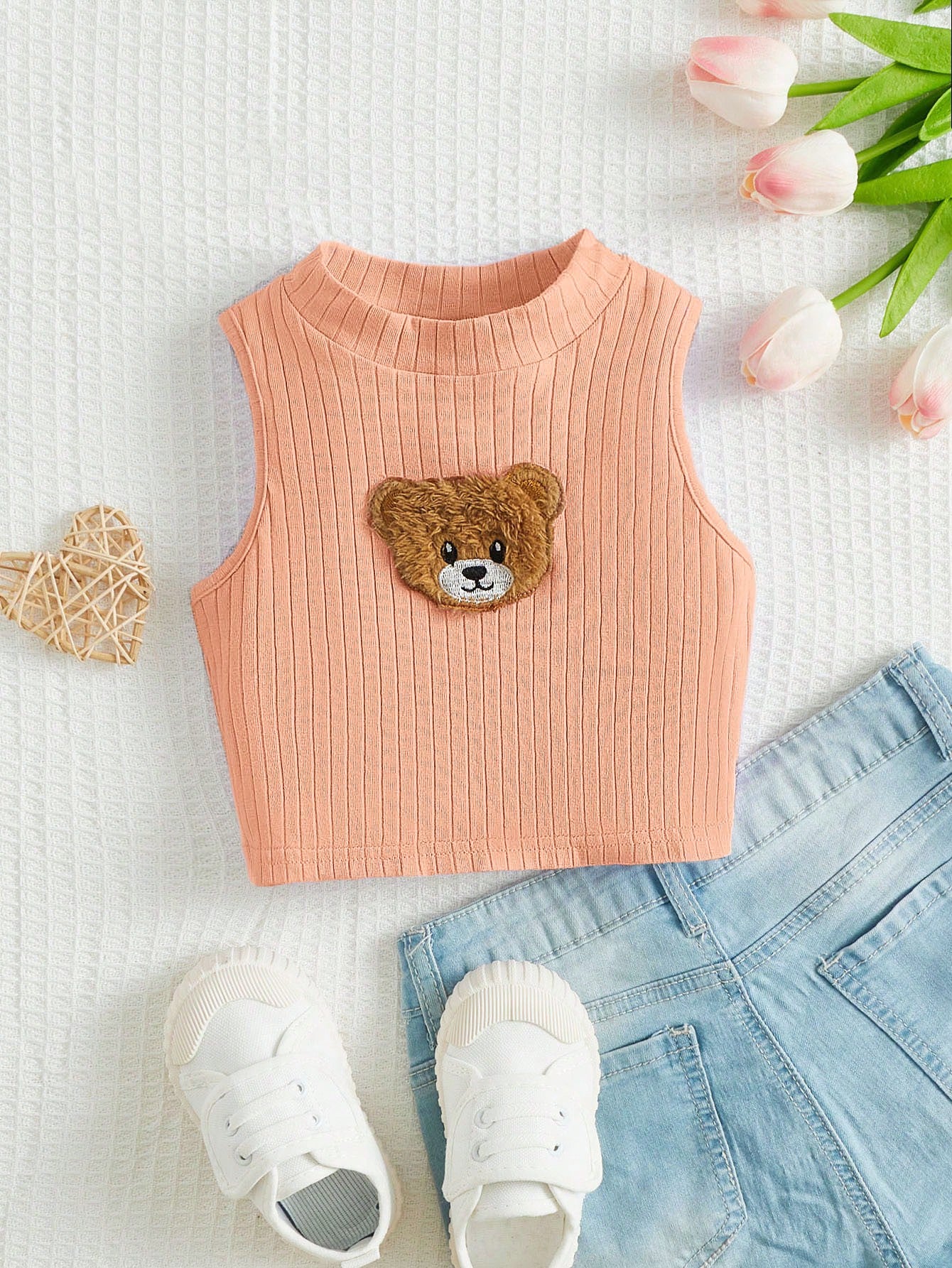 Solid Color Small Turtleneck Short Young Girl Bear Sticker Detail Tank Top For Summer