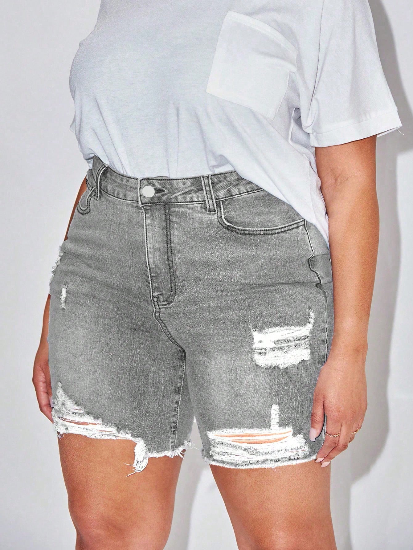 Plus Size Solid Color Denim Shorts With Pockets, Rips And Frayed Hem