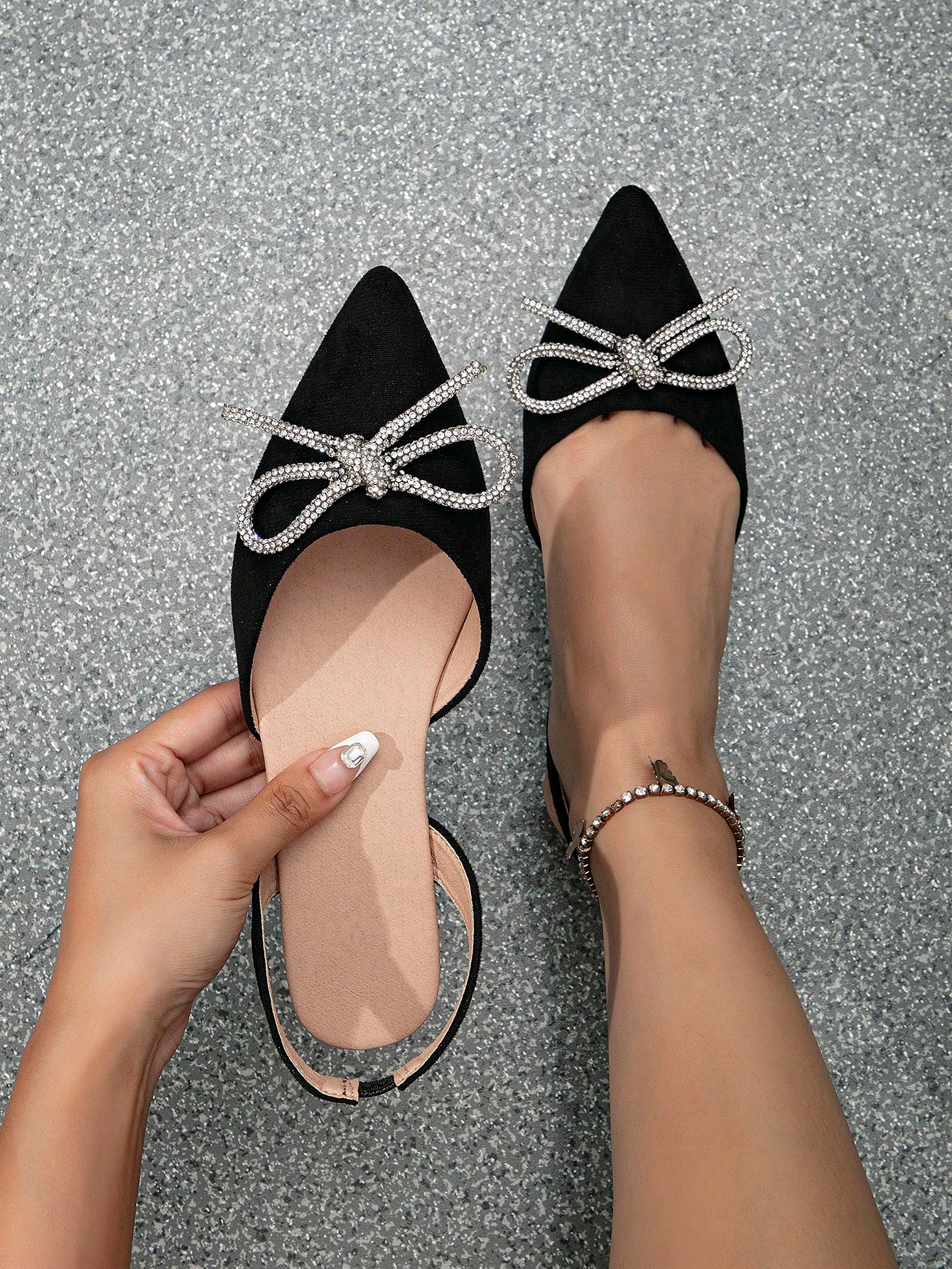 Women Rhinestone & Bow Decor Point Toe Slingback Flats, Glamorous Outdoor Satin Flat Shoes