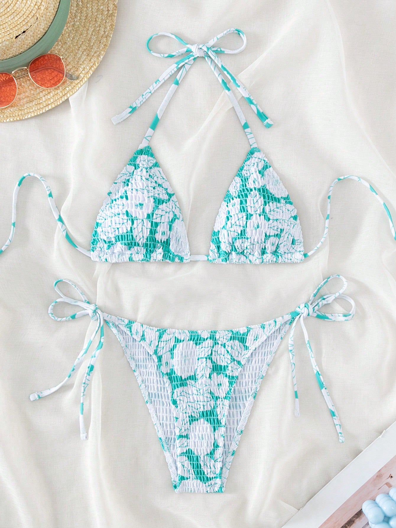 Swim Mod Summer Beach Floral Print Smocked Halter Triangle Bikini Set