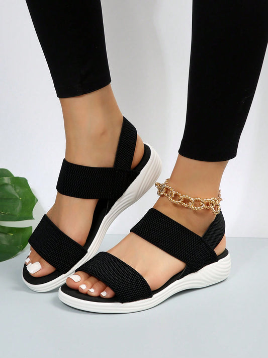 Women Double Band Sport Sandals, Sporty Summer Black Fabric Sandals