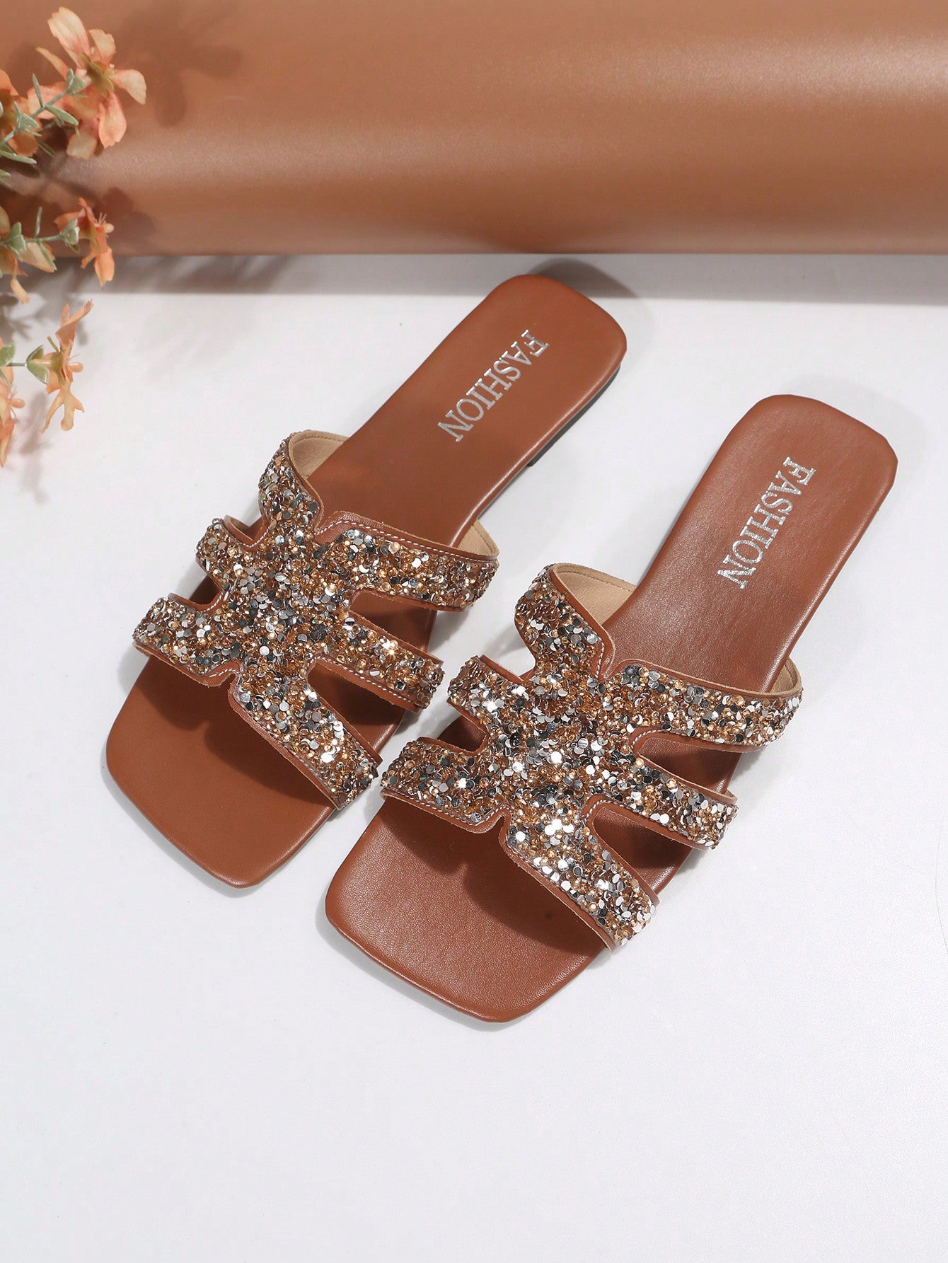 Women Rhinestone Decor Flat Sandals, Glamorous Summer Slide Sandals