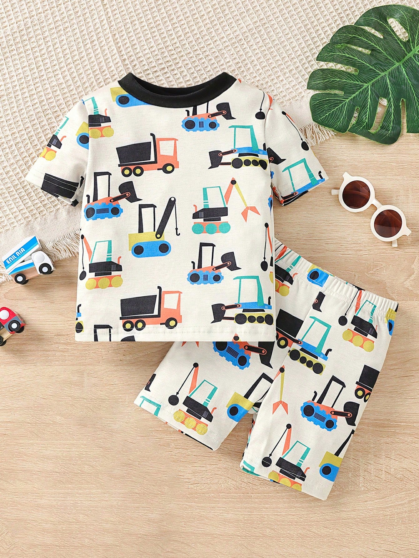 Young Boy Excavator Print Contrast Binding Snug Fit PJ Set