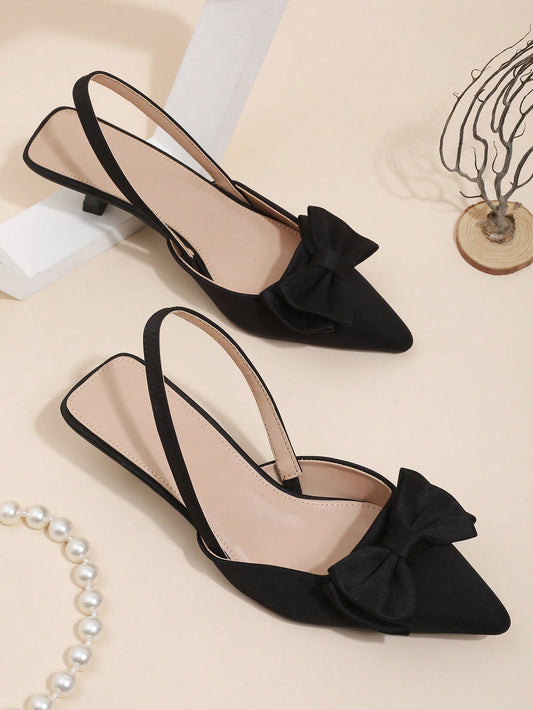 Women Bow Decor Point Toe Pyramid Heeled Pumps, Fashion Black Lycra Slingback Pumps