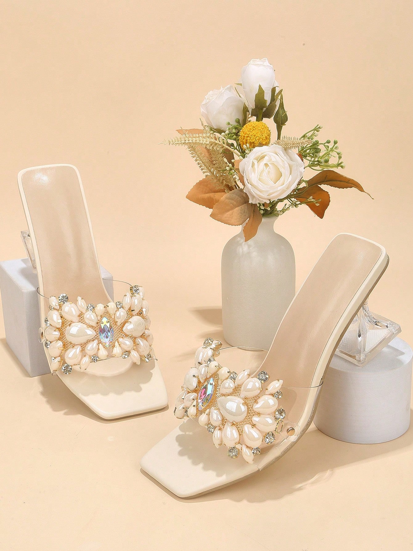 Rhinestone Decor Clear Band Sculptural Heeled Mule Sandals, Blue Party Crystal Detail Solid Color Mules Heels