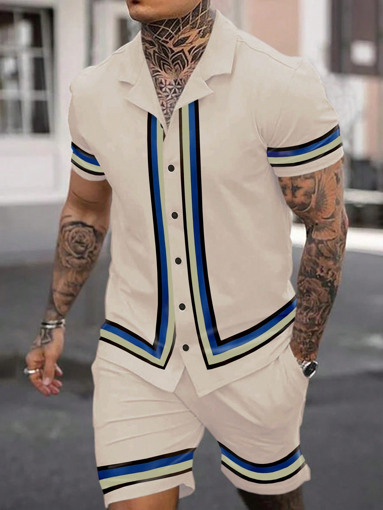 Men Striped Trim Shirt & Drawstring Waist Shorts