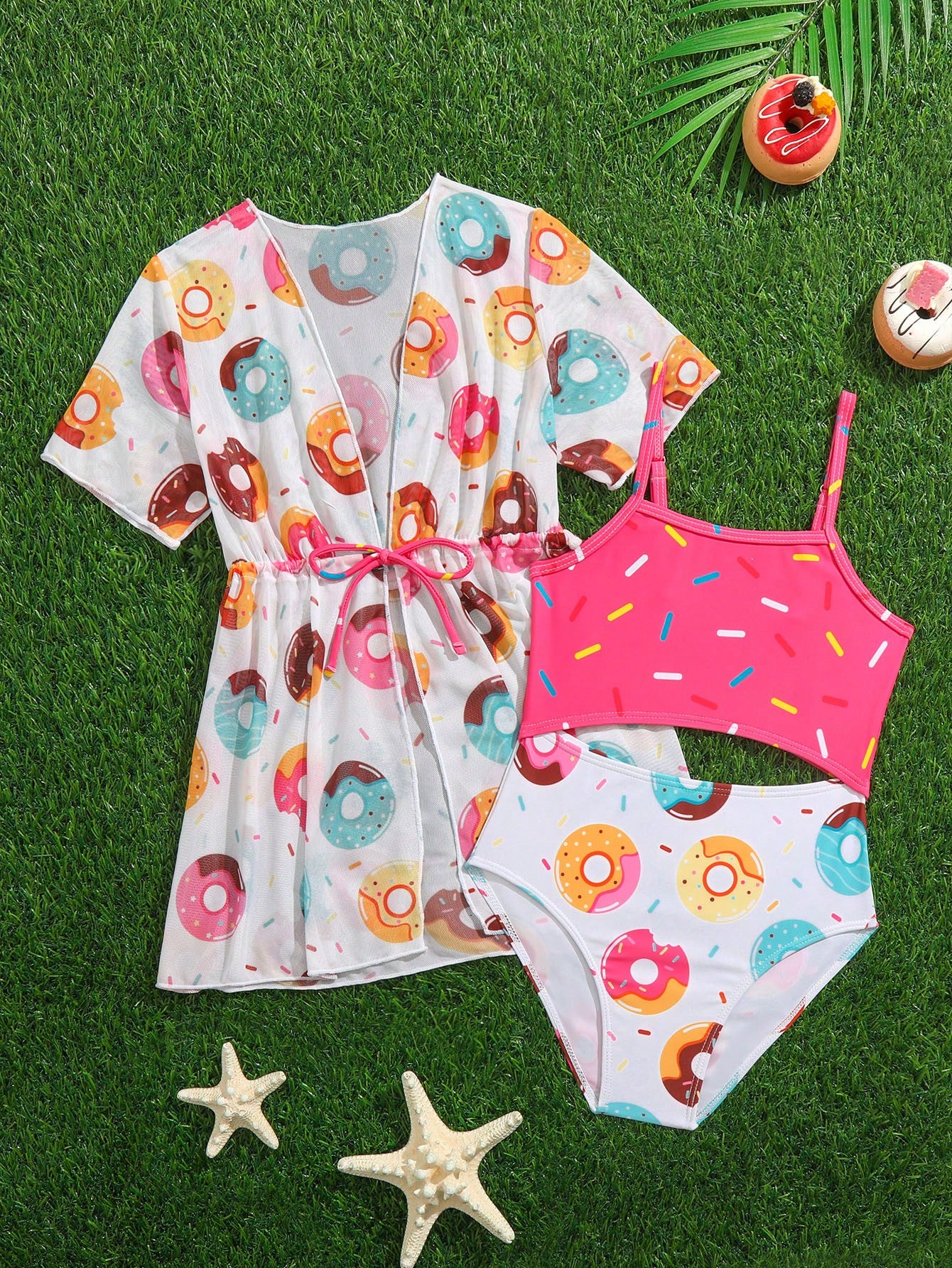 Young Girl Summer One-Piece Strap Swimsuit With Sweet Doughnut Pattern And Sunscreen Beachwear Cardigan, 2pcs/Set, Suitable For Beach Vacation