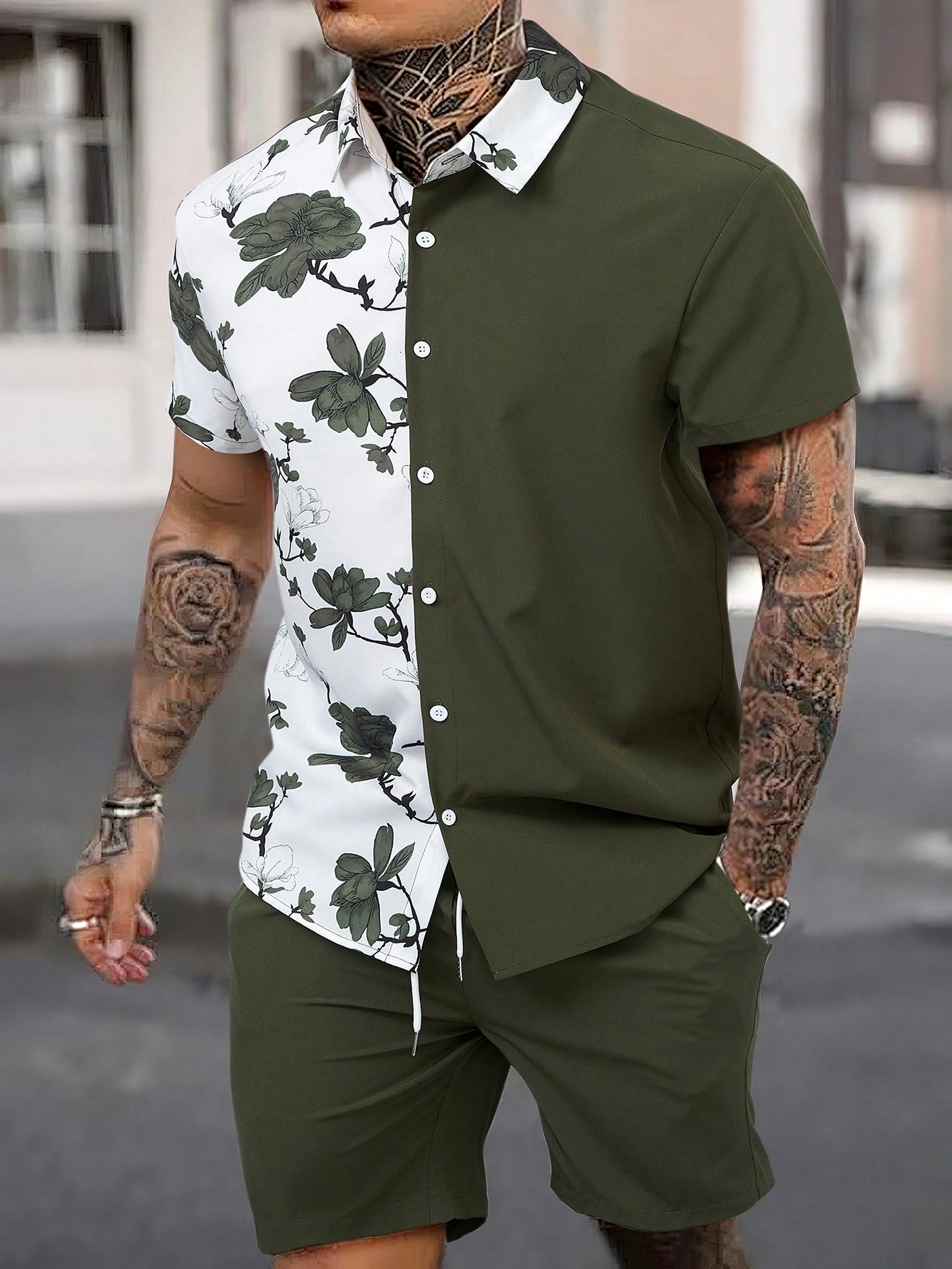 Men Floral Print Shirt & Drawstring Waist Shorts