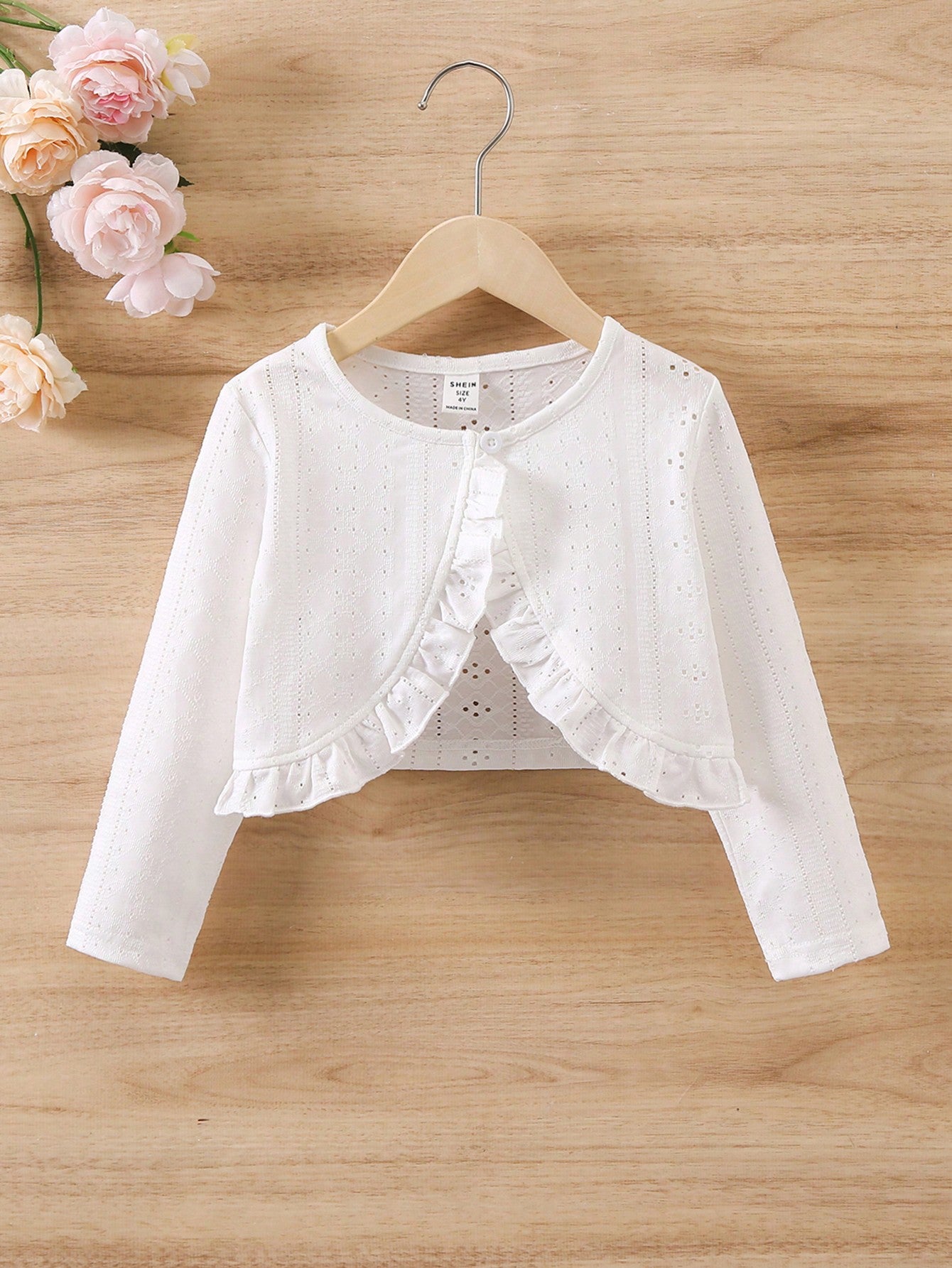 Young Girl Ruffle Trim Eyelet Embroidery Crop Jacket